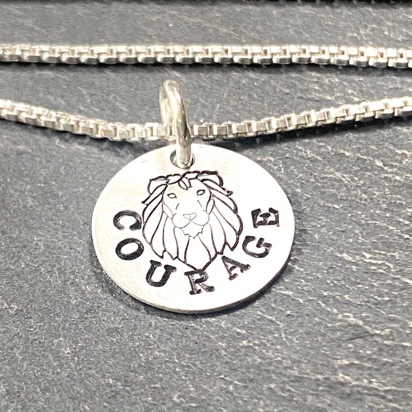 Sterling silver courage necklace with hand stamped Lion. Drake Designs Jewelry
