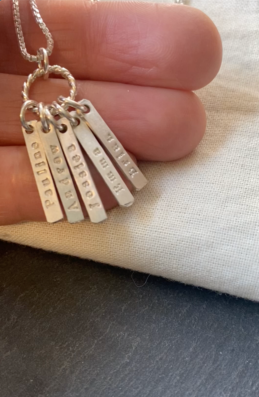 tiny thick sterling silver rectangle charms on twisted ring. personalized mom necklace - drake designs jewelry