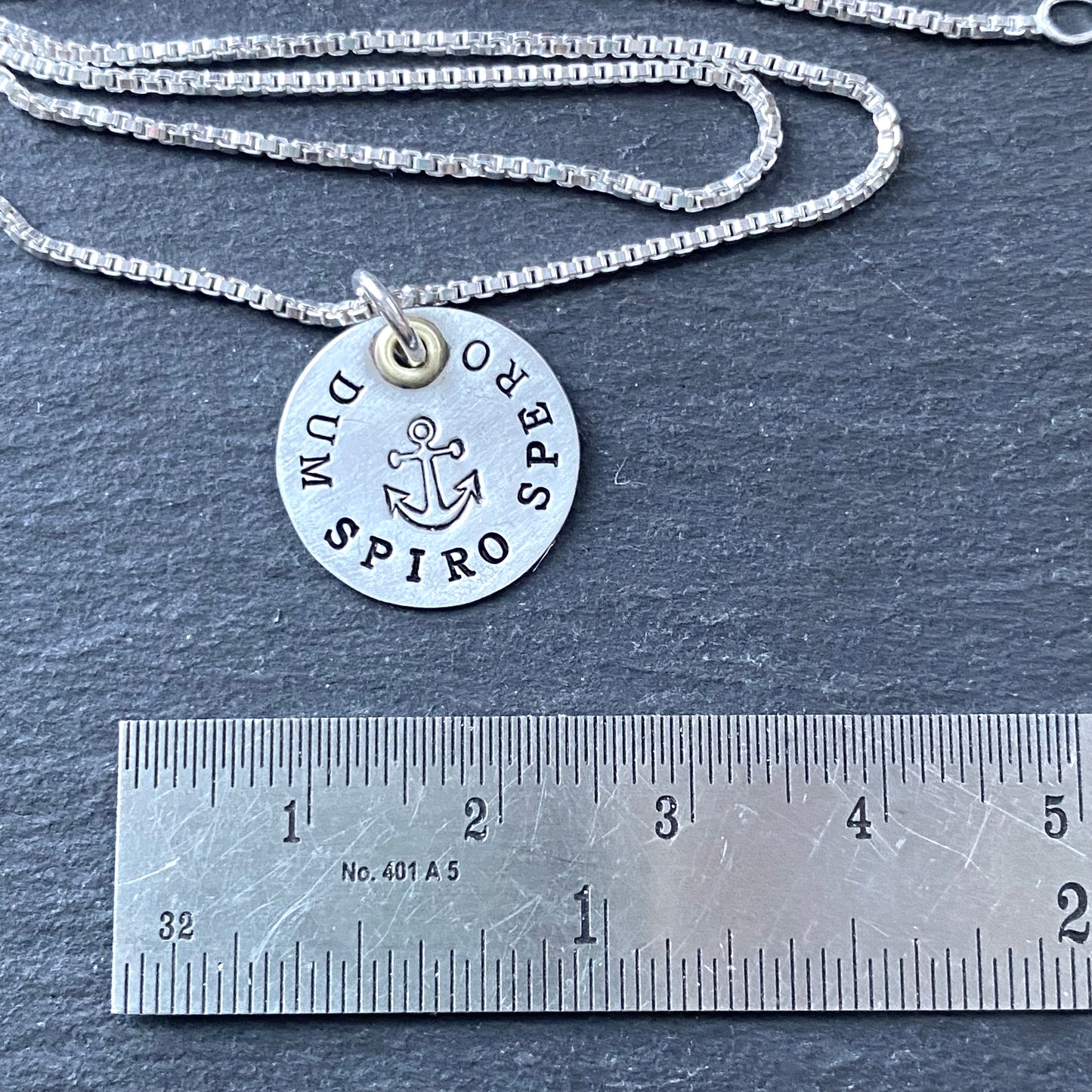 dum spiro spero. while I breathe I hope. Latin phrase jewelry. sterling silver with gold accent. drake designs jewelry Edit alt text