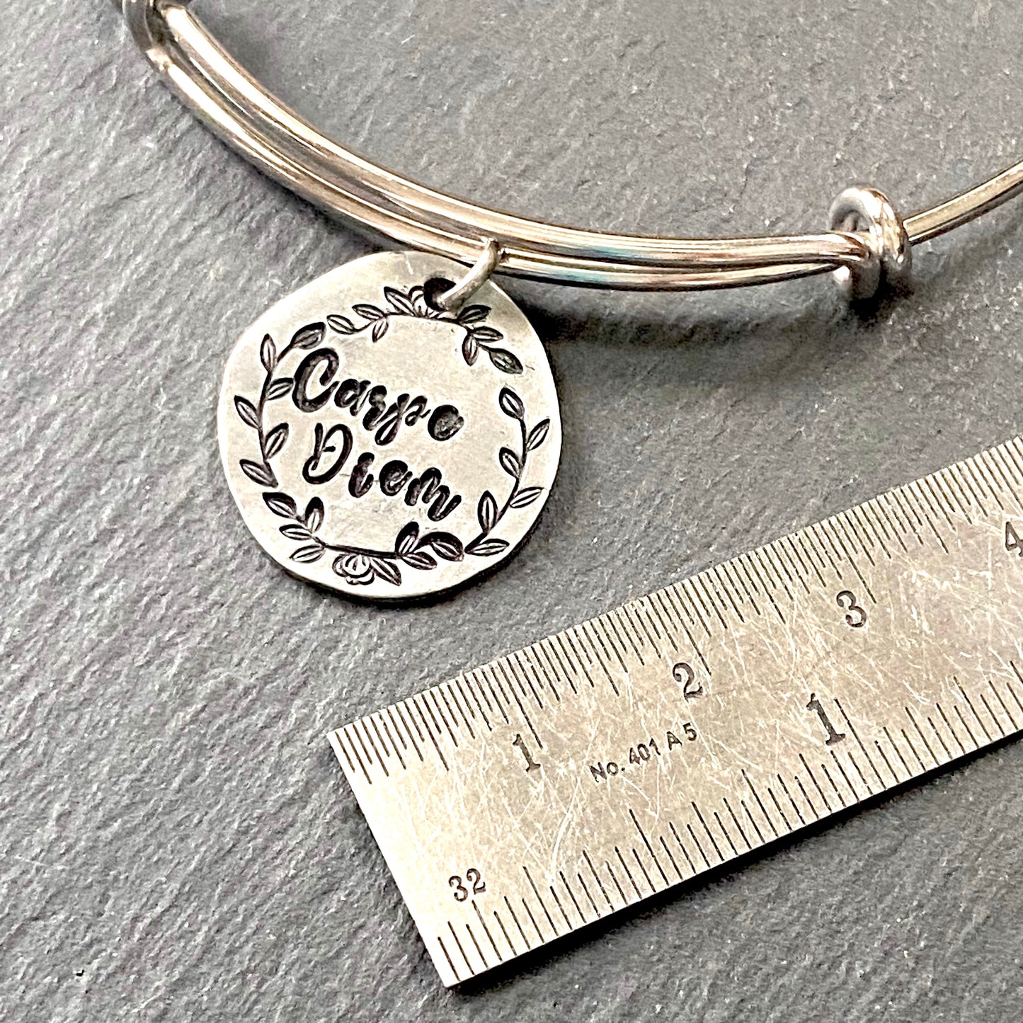 CSeize the day carpe Diem expandable bangle bracelet Latin phrase jewelry for her Drake designs jewelry Edit alt text