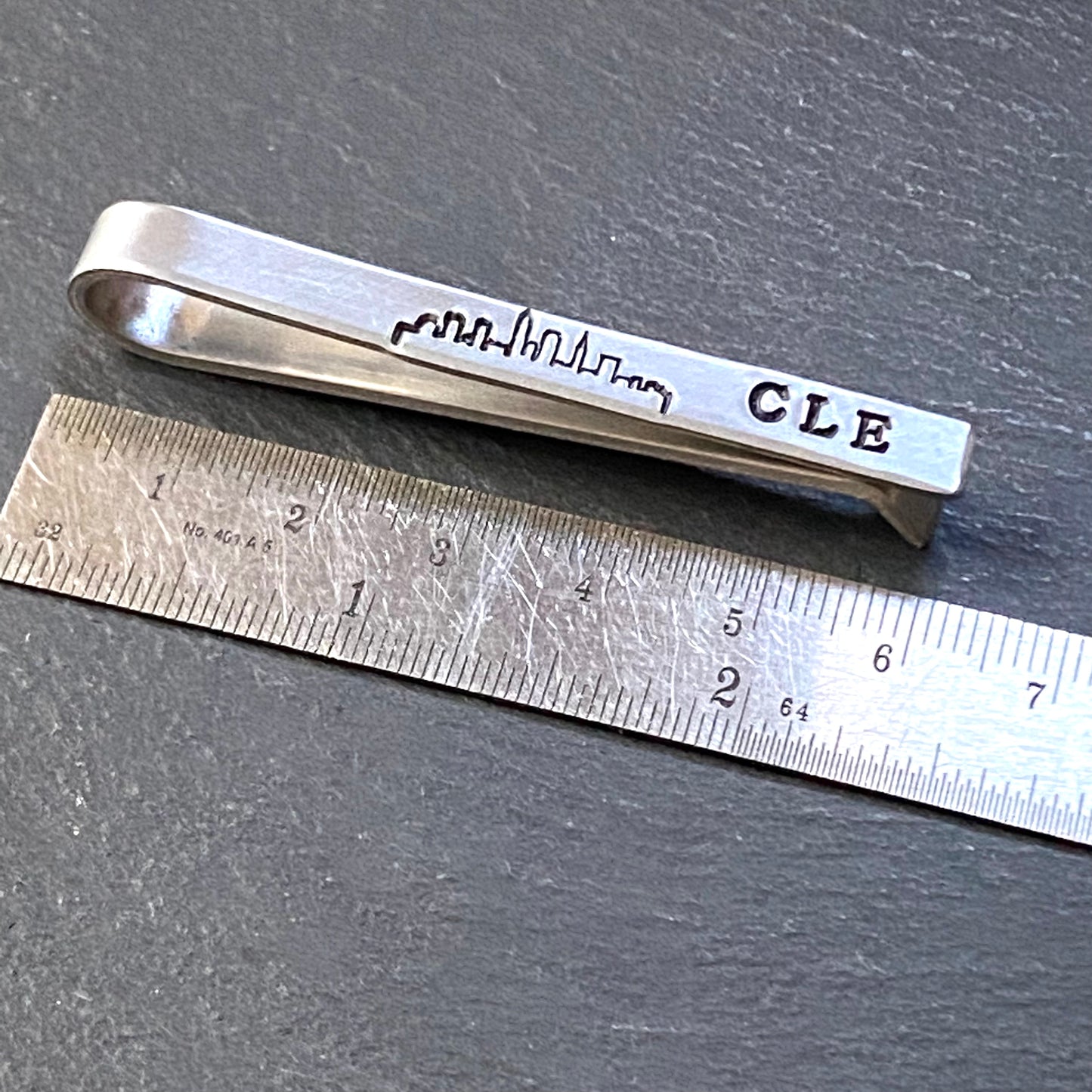 mens tie bar with Cleveland Ohio skyline hand stamped - drake designs jewelry