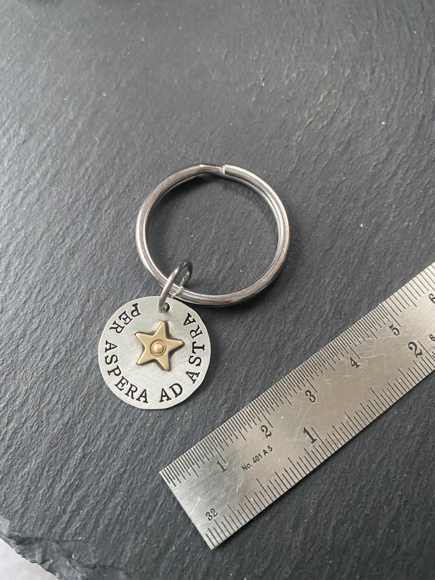 inspirational latin phrase keychain. per aspera ad astra - from hardship to the stars. sterling silver and gold star. drake designs jewelry
