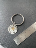 inspirational latin phrase keychain. per aspera ad astra. latin quote from hardship to the stars.  hand stamped and riveted sterling silver and gold star. drake designs jewelry