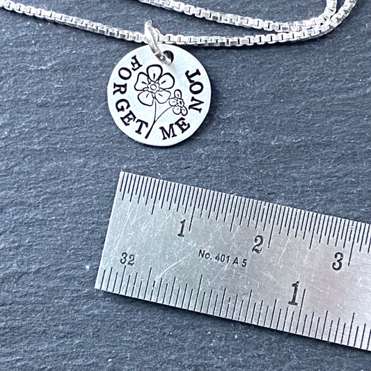 Forget Me Not Necklace. Symbol of Remembrance and Everlasting Love. hand stamped sterling silver with brushed finish. drake designs jewelry