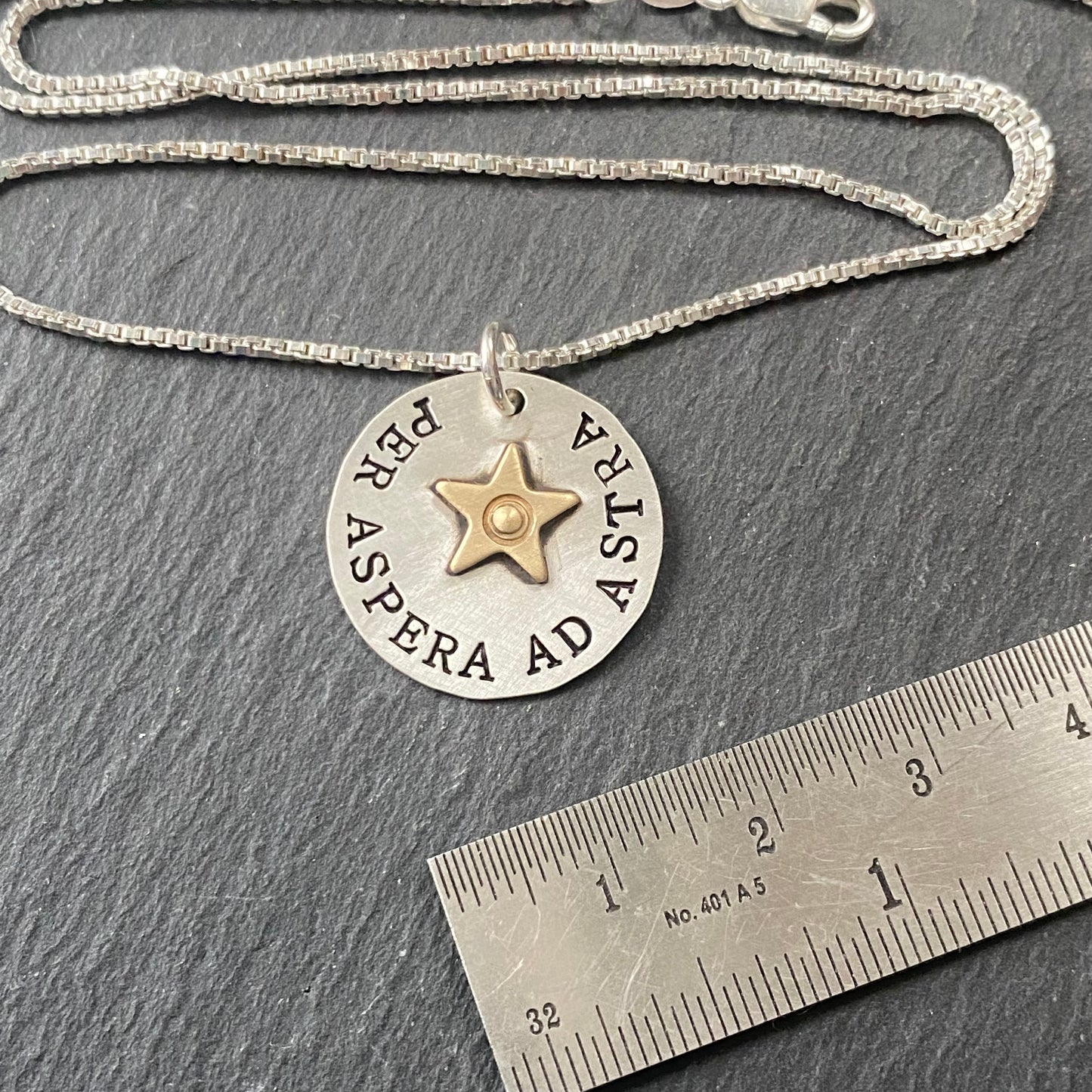 Per Aspera ad Astra sterling silver Latin phrase necklace. To the stars through hardships. inspirational Latin quote necklace with gold star. drake designs jewelry