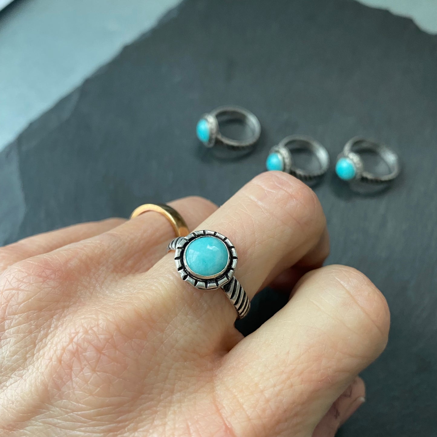 Amazonite Ring Sterling Silver and Natural Turquoise Color Gemstone with Twisted Wire Rope Cable Band Ring - drake designs jewelry