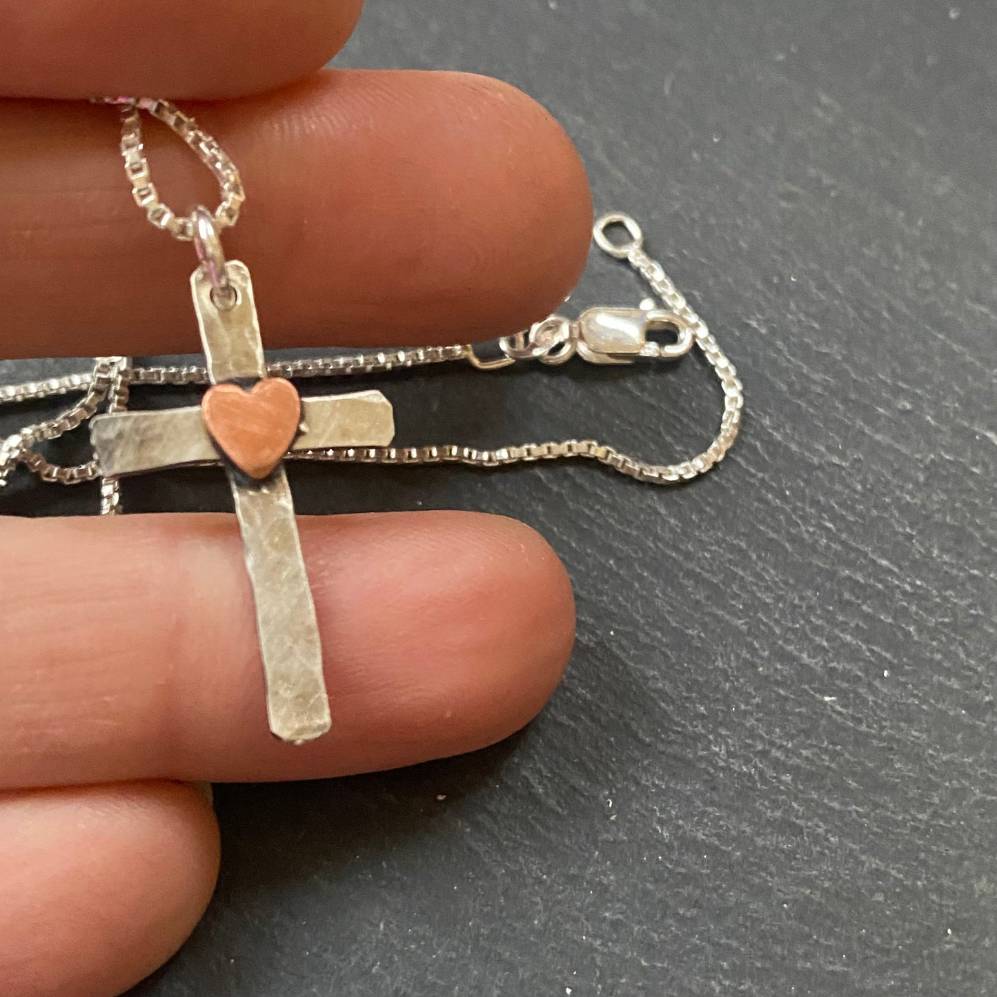 rustic hammered cross necklace with copper heart - drake designs jewelry