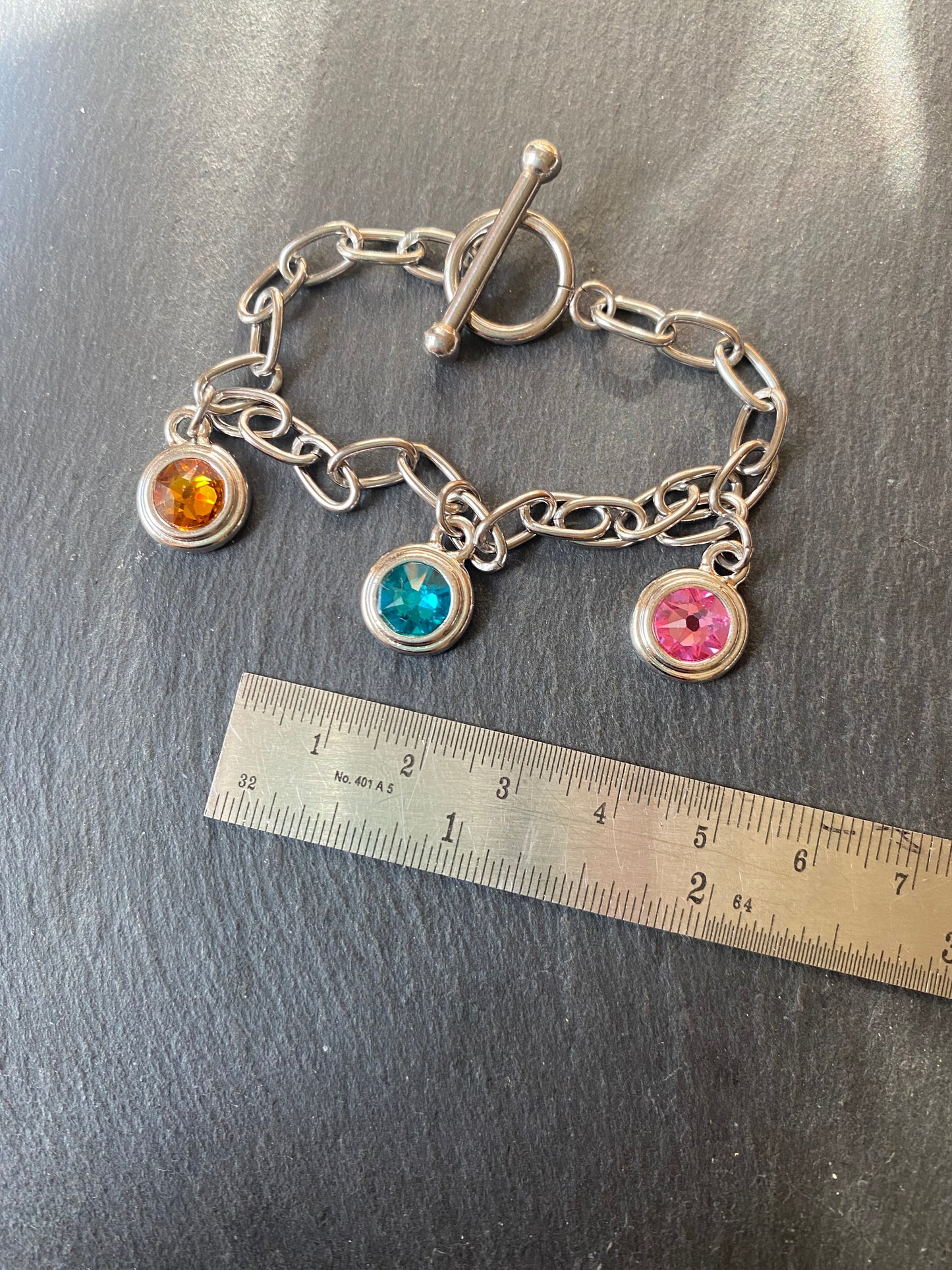 stainless steel personalized mom bracelet with Swarovski crystal birthstone charms and toggle clasp - drake designs jewelry