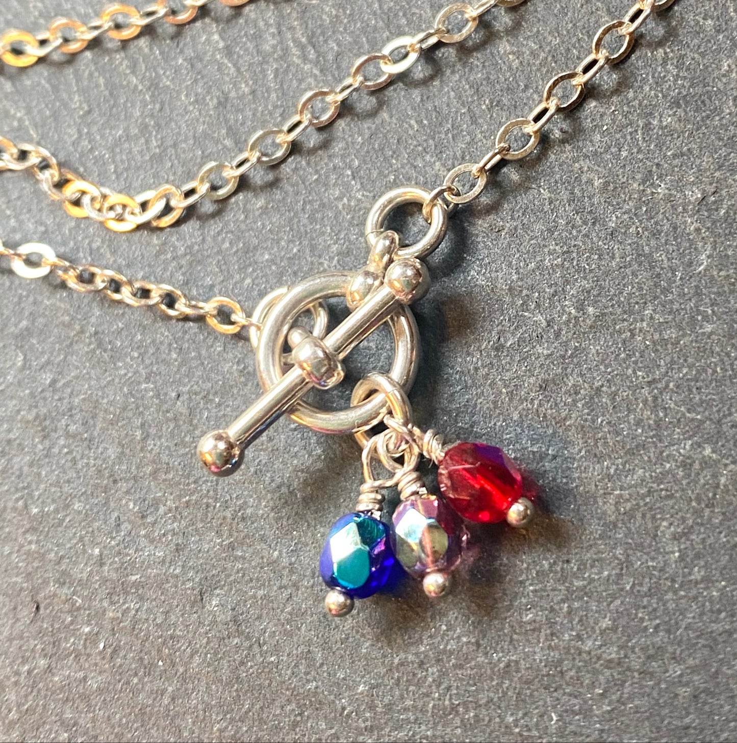 sterling silver toggle clasp necklace personalized with birthstones. necklace with toggle clasp in front - drake designs jewelry