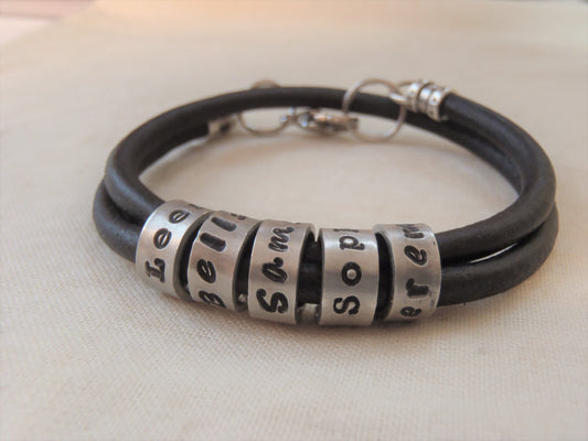 Personalized name charms on smooth leather bracelet for men -double wrapped - Drake Designs Jewelry
