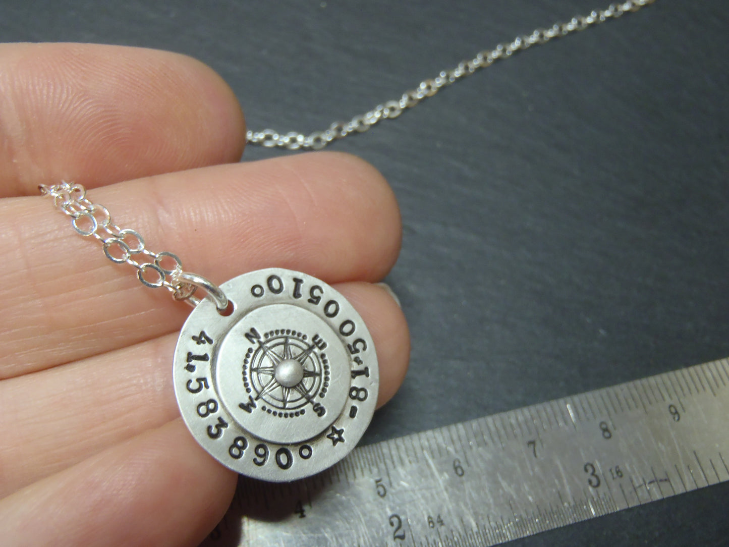 sterling silver coordinates necklace with compass - latitude longitude - drake designs jewelry