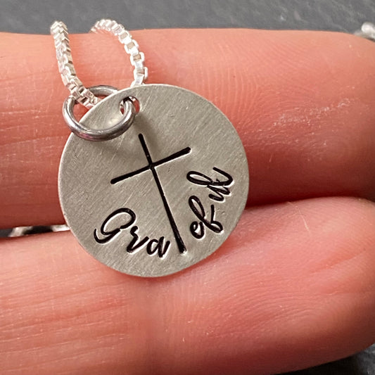sterling silver grateful necklace with cross hand stamped with a cross for the "t"- Drake Designs Jewelry