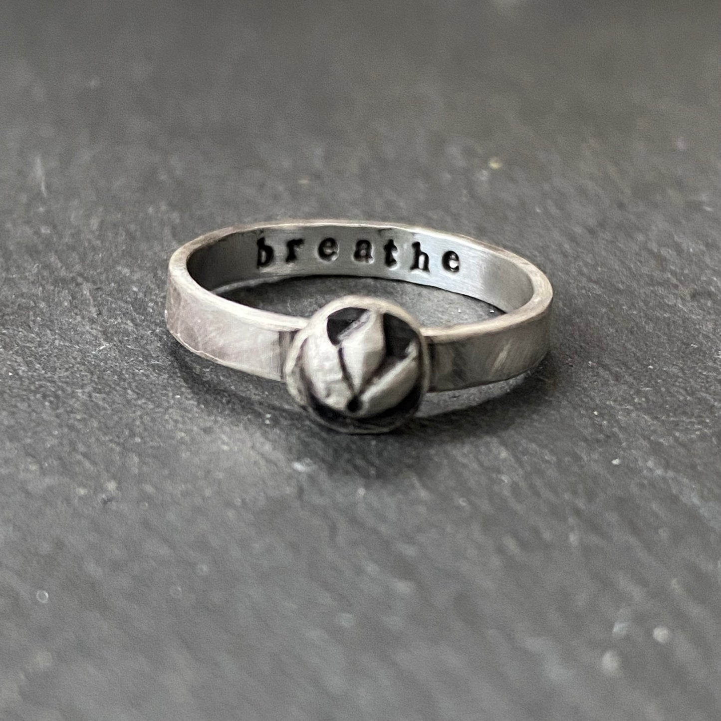 sterling silver lotus flower stacking ring with 'breathe' hand stamped inside, irregular organic shape from melted sterling silver metal - drake designs jewelry