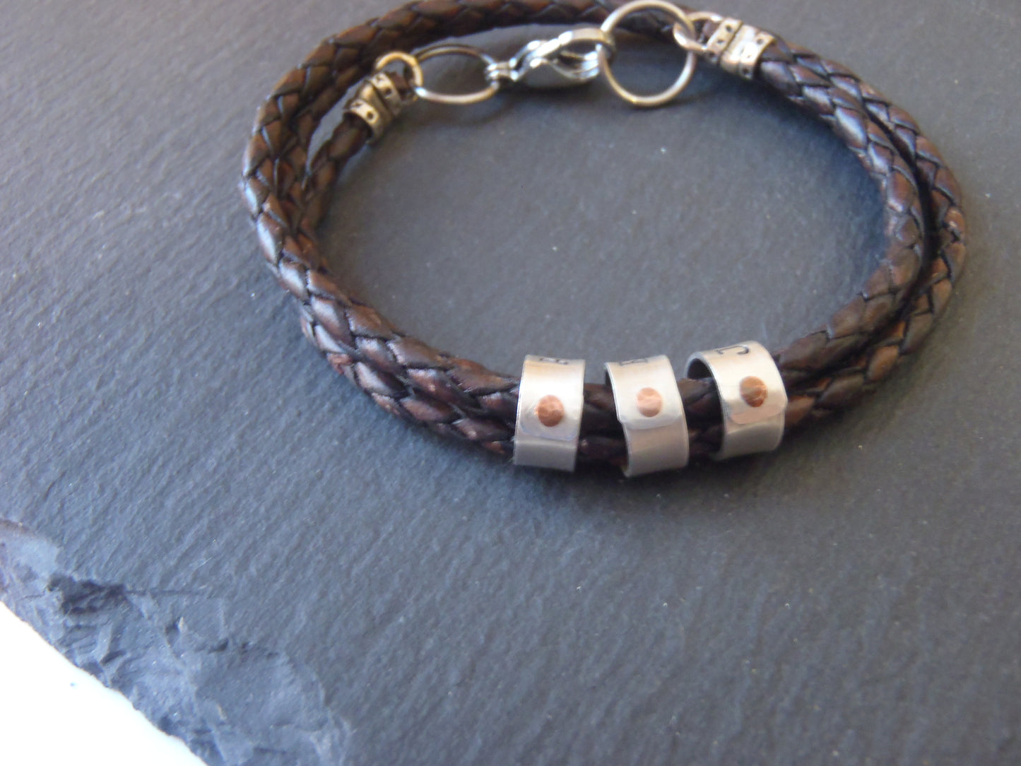 Custom Triple wrapped braided leather bracelet with personalized sterling silver name charms - Drake Designs Jewelry