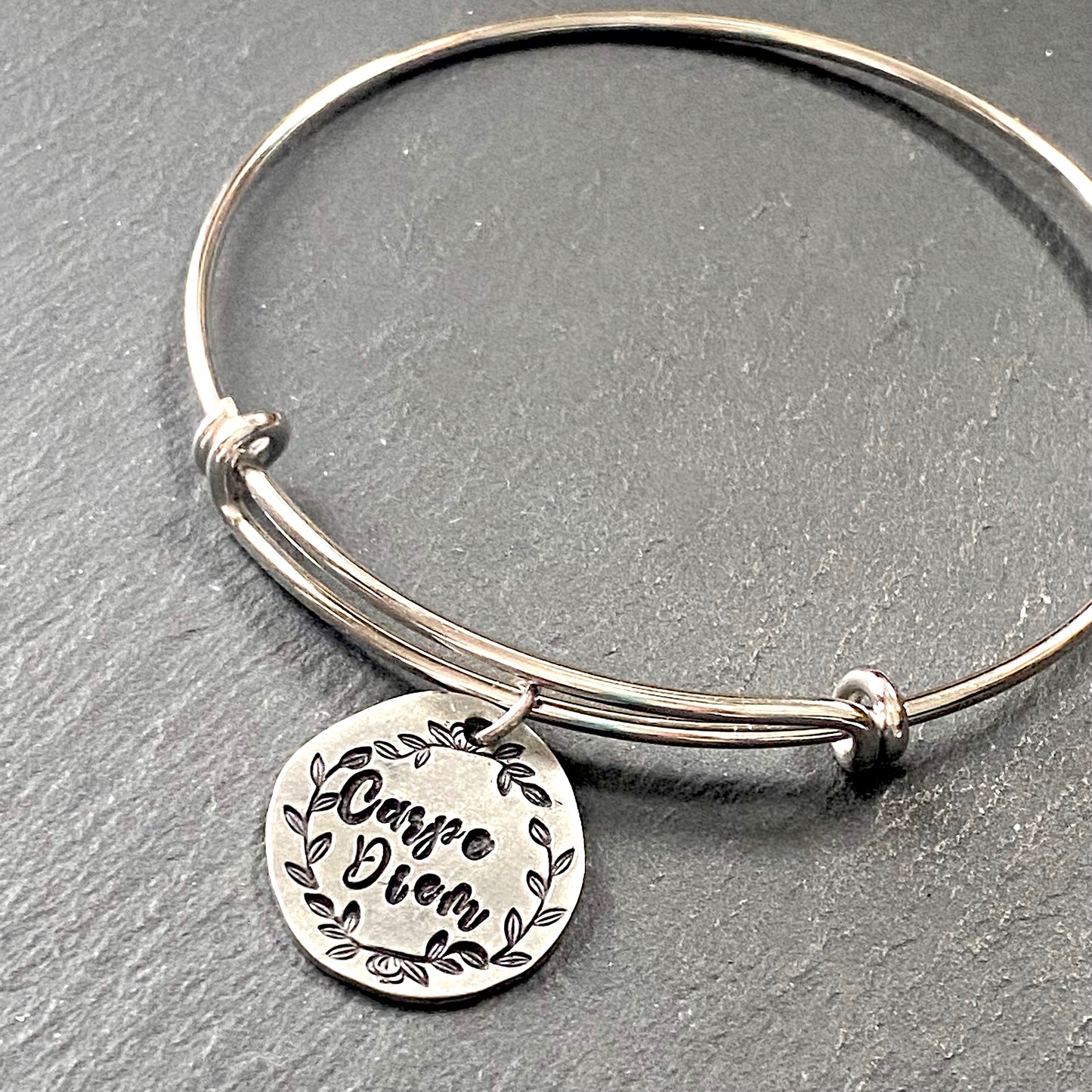 Carpe Diem bracelet for her is hand stamped with leaves. Seize the day Latin saying quote bracelet. Drake designs jewelry