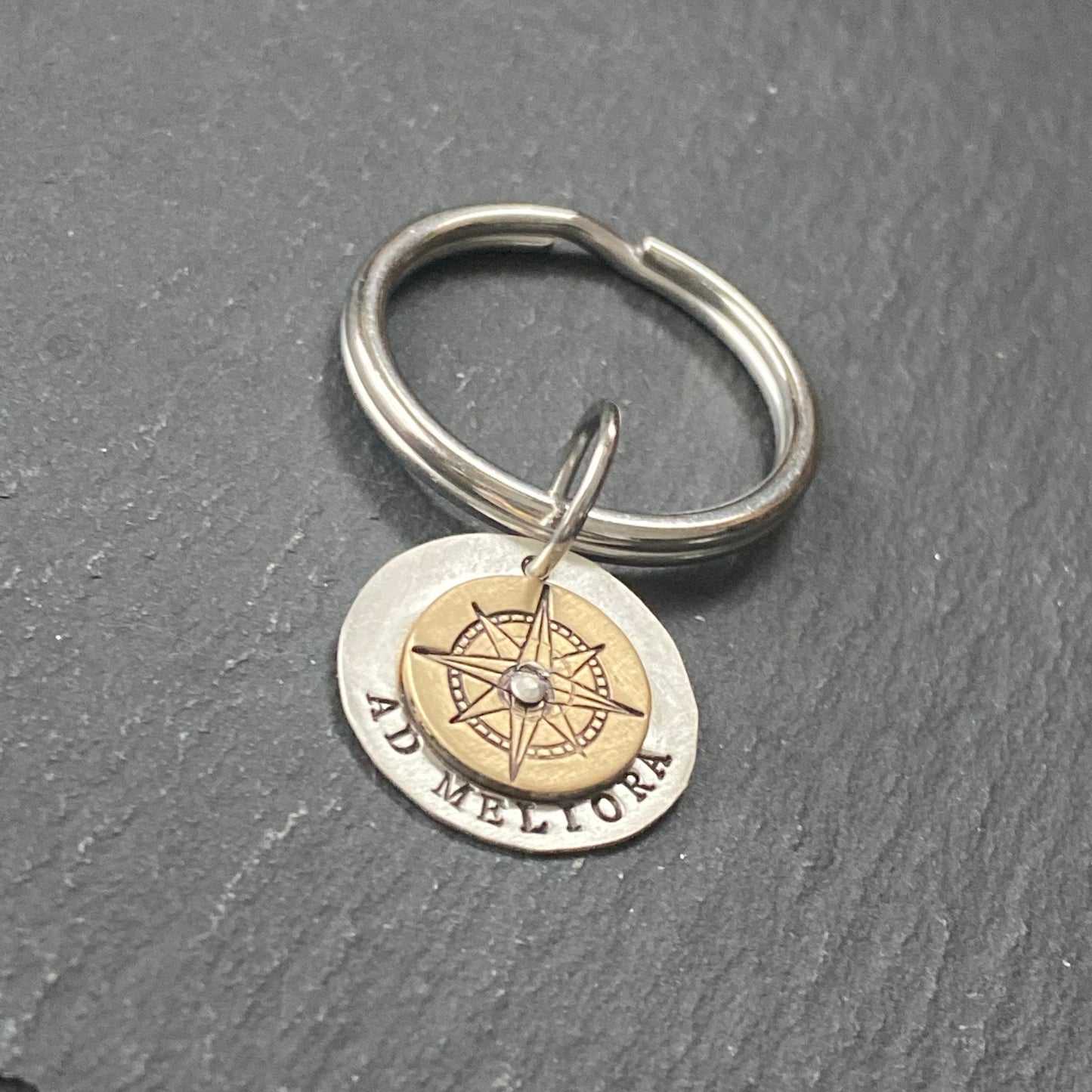 ad meliora inspirational Latin phrase keychain. toward better things sterling silver and gold brass hand crafted. drake dedsigns jewelry