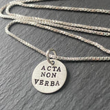 acta non verba necklace. hand stamped latin phrase jewelry. drake designs jewelry