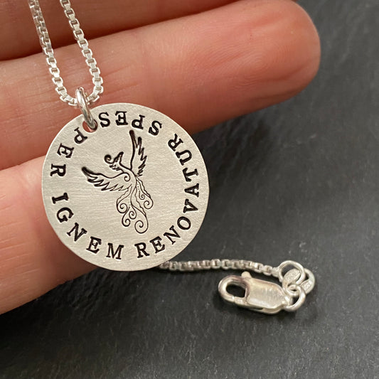 Per Ignem Renovatur Spes Latin phrase necklace. sterling silver Phoenix necklace. Through fire hope is renewed. Drake designs jewelry