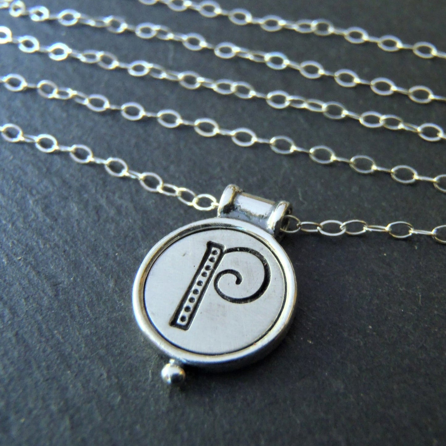 sterling silver raised edge bezel with hand stamped whimsical initial monogram necklace - drake designs jewelry