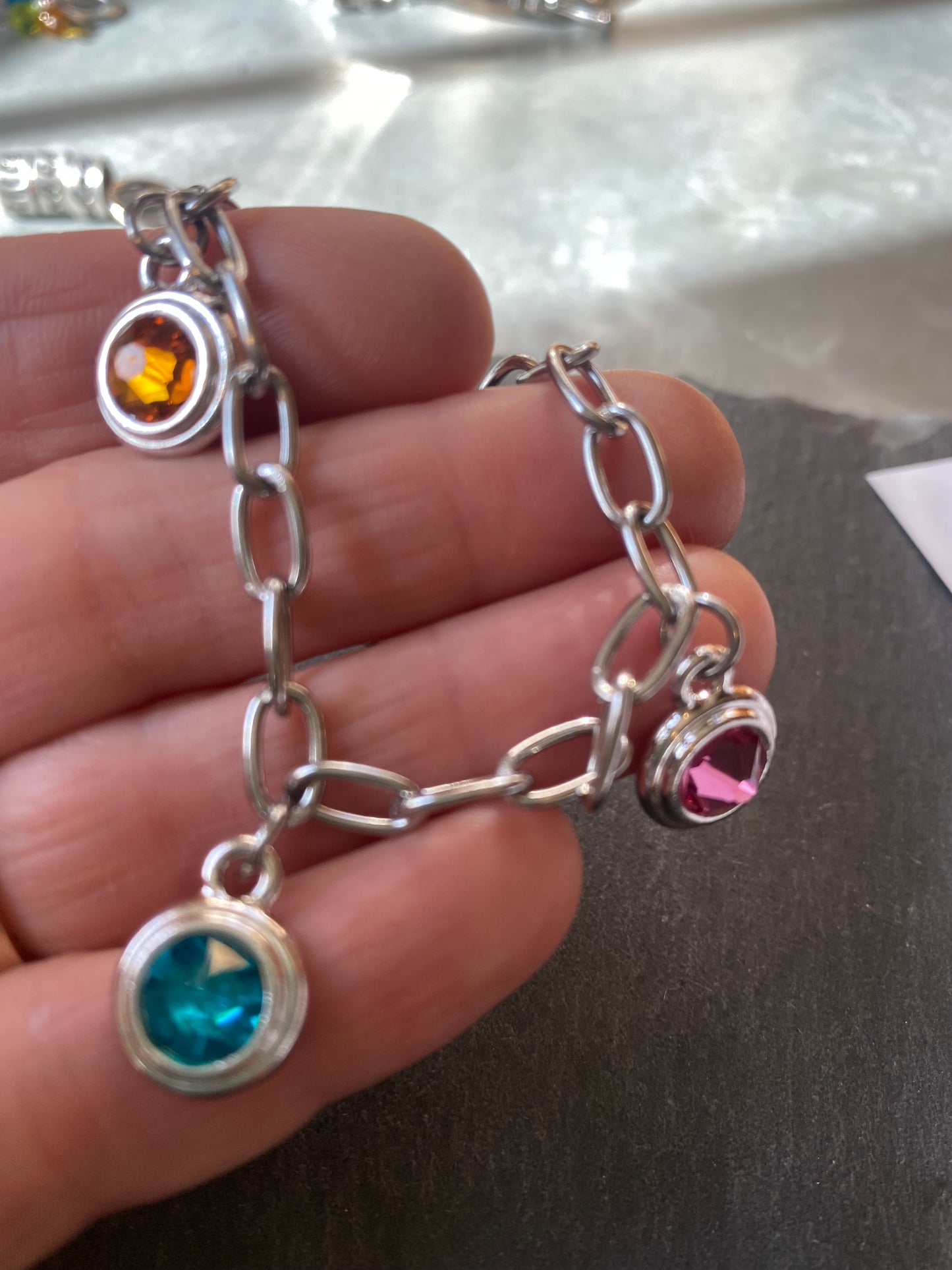 toggle clasp bracelet with Swarovski crystal birthstone charms. personalized mom bracelet - drake designs jewelry
