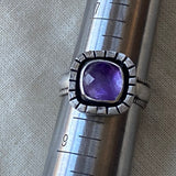 faceted amethyst cushion ring in sterling silver.  raw and organically shaped. size 8. drake designs jewelry