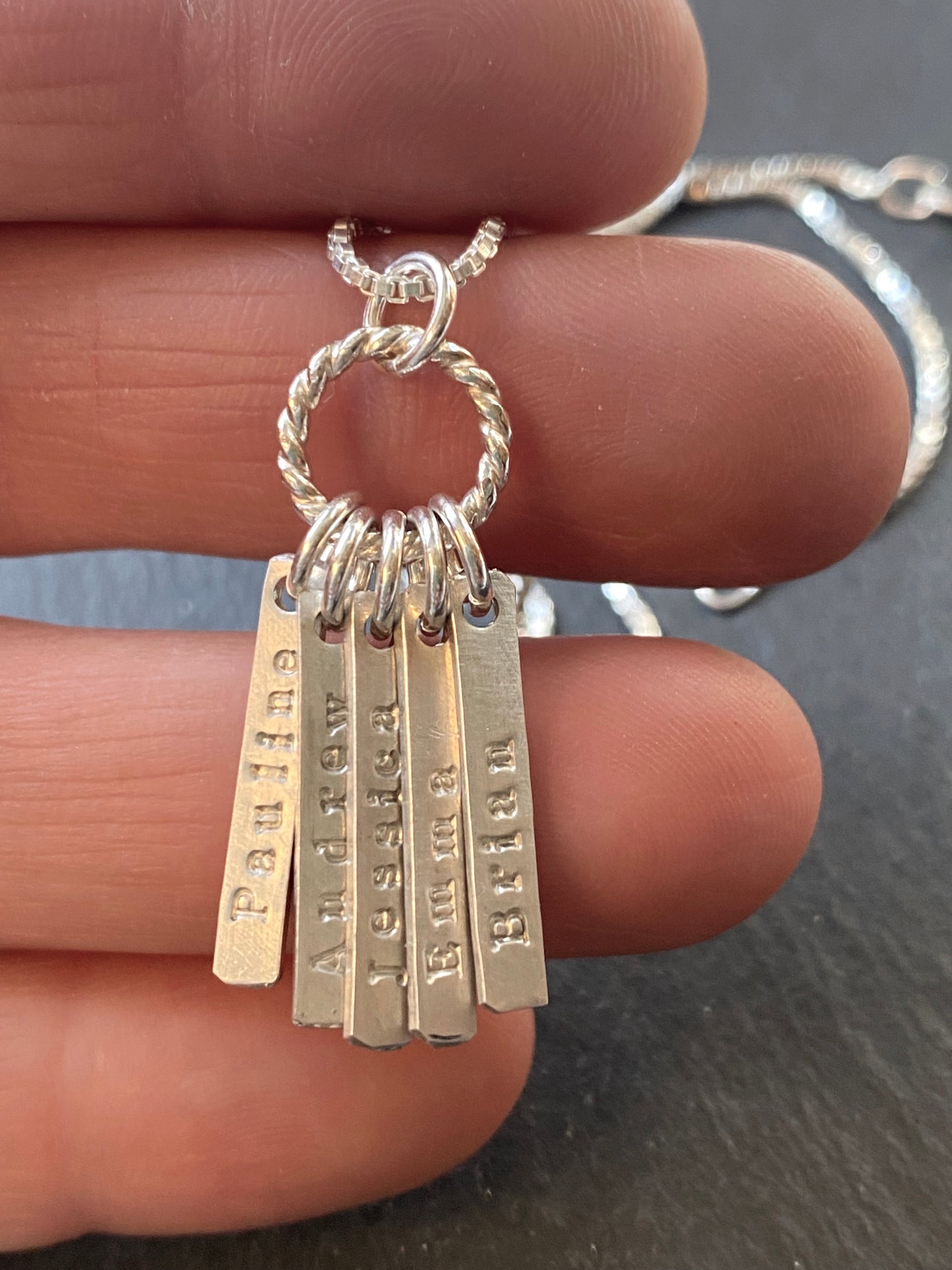 sterling silver mom necklace with kids names hand stamped on tiny thick rectangle charms - drake designs jewelry