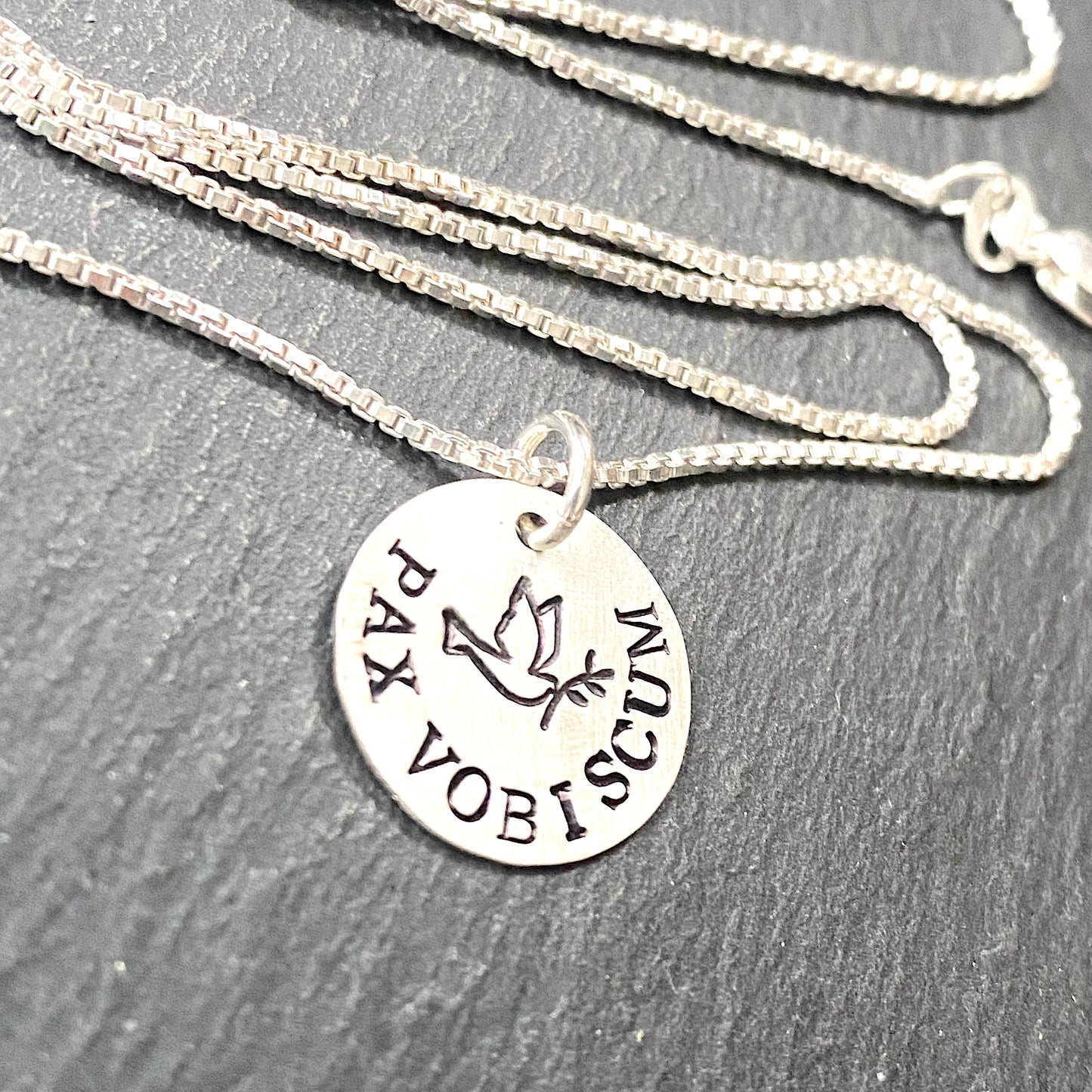 pax latin phrase necklace with hand stamped peace dove . latin phrase jewelry. drake designs jewelry