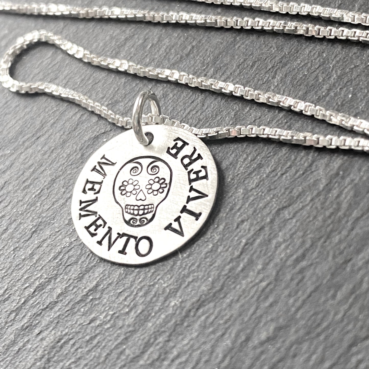 Memento vivere necklace with sugar skull. sterling silver Latin phrase jewelry. drake designs jewelry