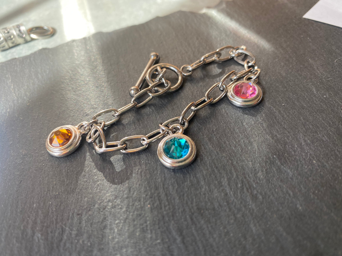 stainless steel toggle clasp bracelet with Swarovski crystal birthstone charms. mom bracelet with kids birthstones personalized Mom bracelet with family and kids birthstones - drake designs jewelry