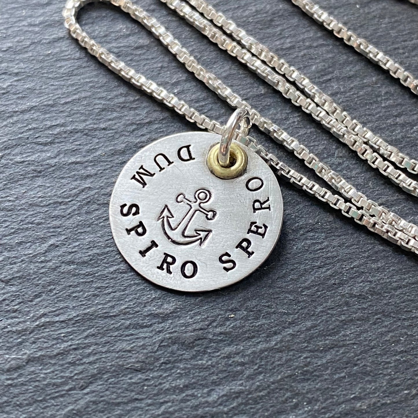 Latin phrase necklace. dum spiro spero. while I breathe I hope. Anchor Latin phrase jewelry. drake designs jewelry