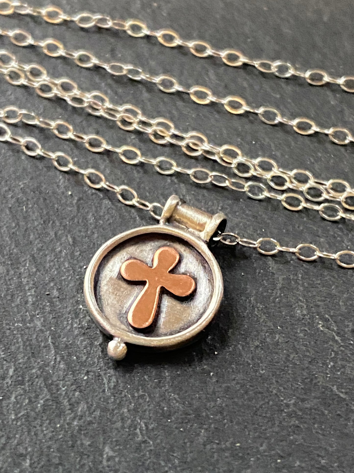 sterling silver cross necklace with raised border and copper cross - drake designs jewelry