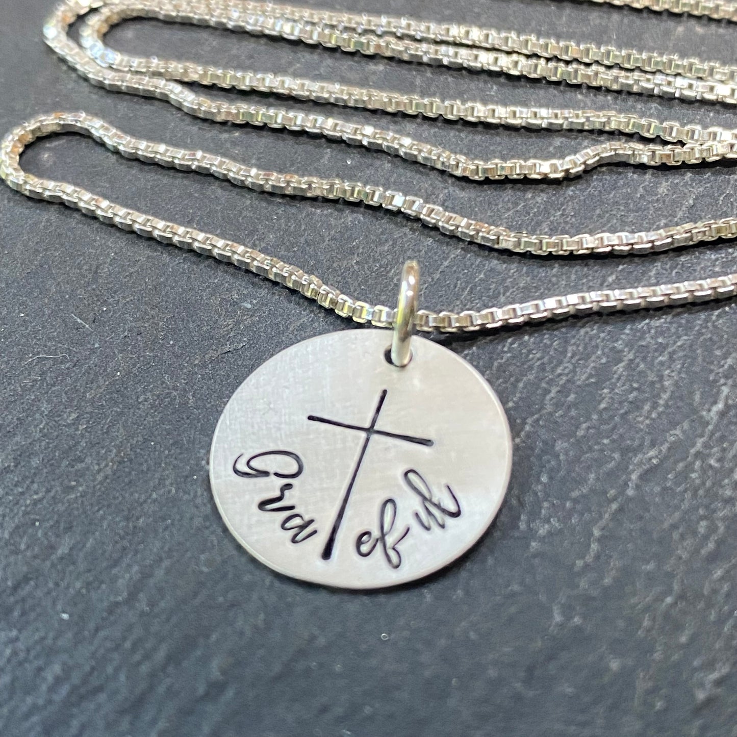 Grateful necklace with cross hand stamped with a cross for the "t" - Drake Designs Jewelry