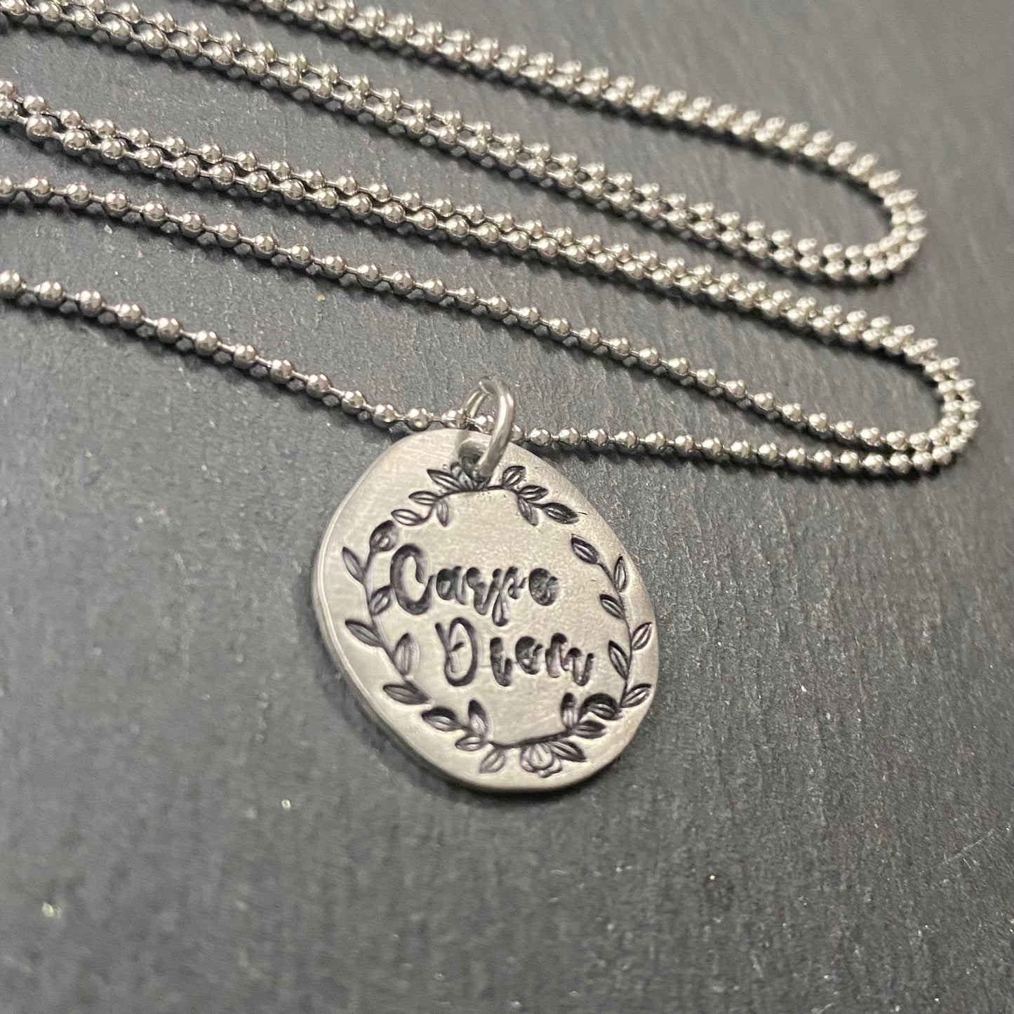 Carpe Diem necklace graduation gift. inspirational latin phrase hand stamped with border. drake designs jewelry