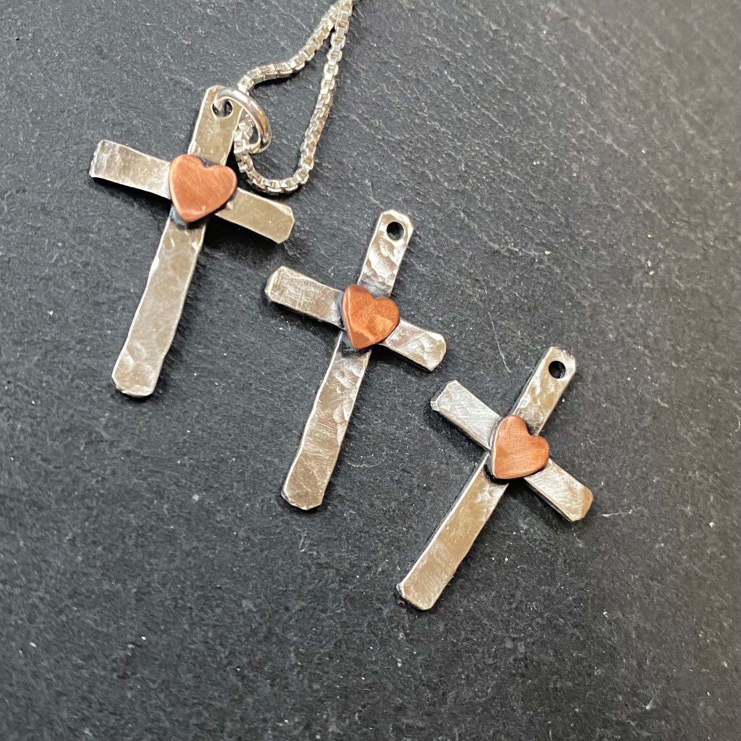 rustic hammered cross necklace with copper heart - drake designs jewelry