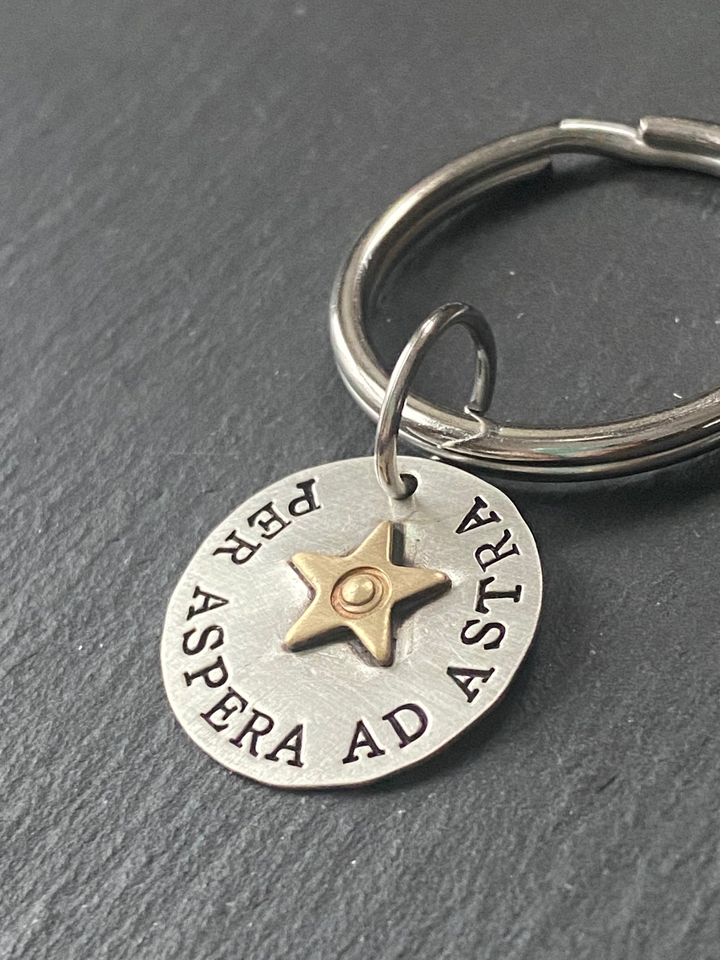 Latin phrase jewelry per aspera ad astra hand stamped inspirational mantra keychain. sterling silver with gold heart. drake designs jewelry