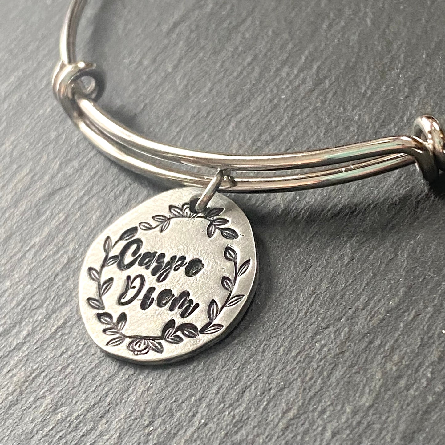 Carpe Diem latin phrase bracelet hand stamped adjustable bangle latin phrase jewelry. drake designs jewelry