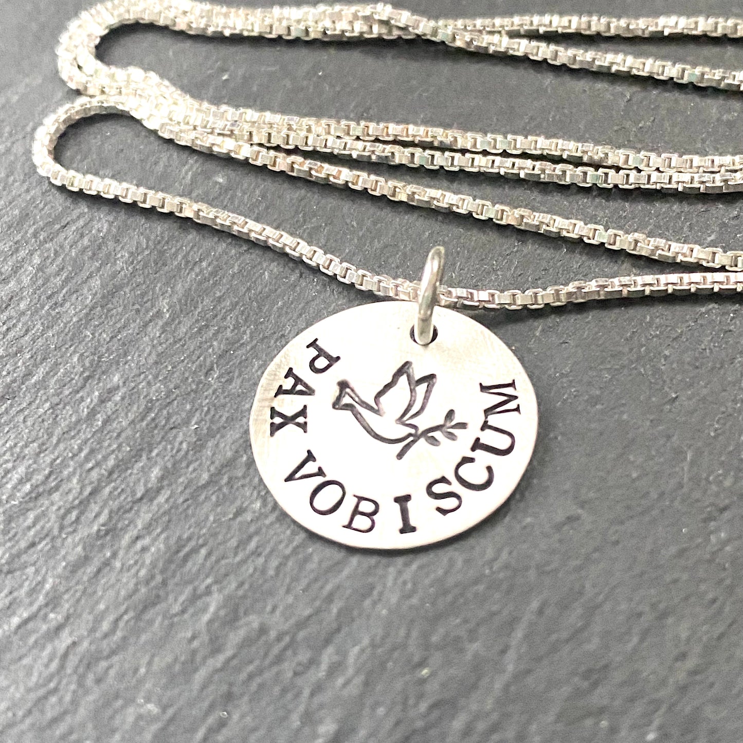 pax vobiscum peace be with you. peace dove necklace. hand crafted Latin phrase jewelry in sterling silver. drake designs jewelry