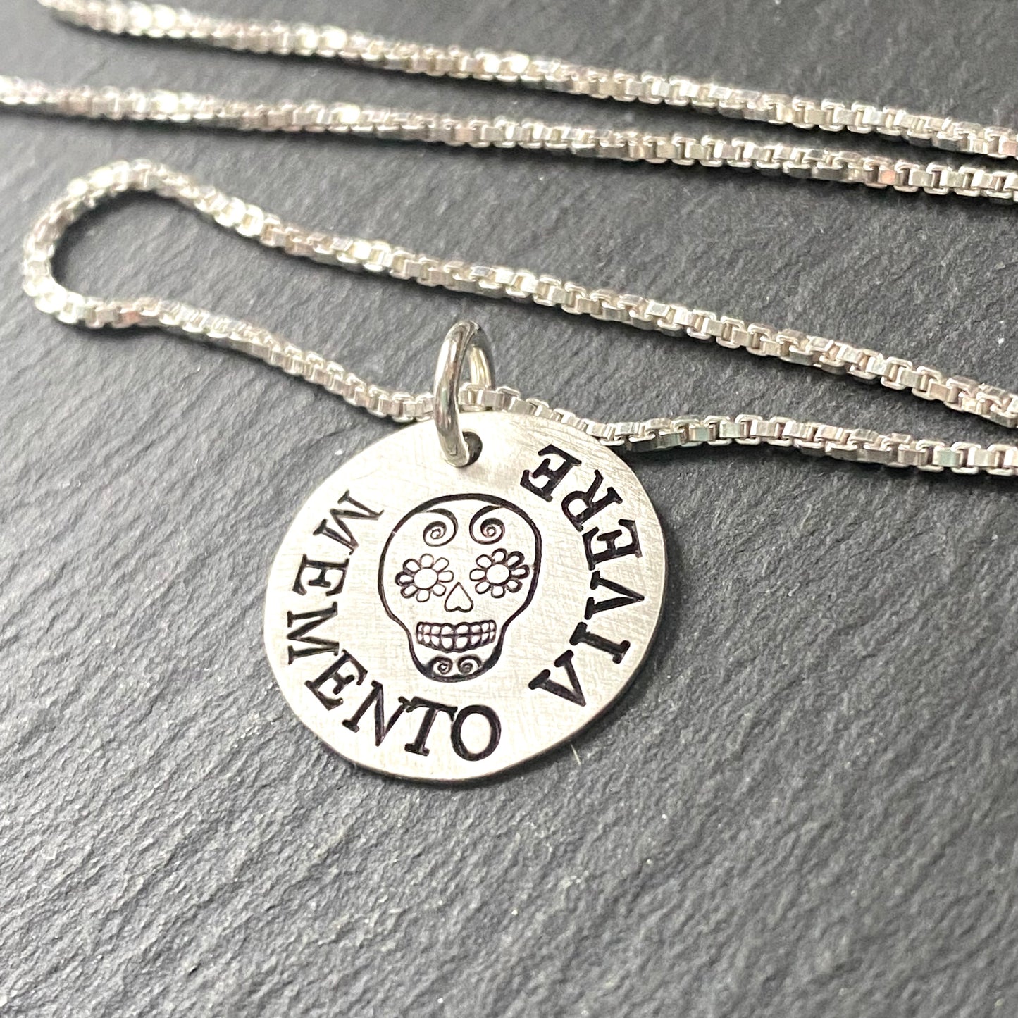 Memento vivere sugar skull necklace sterling silver Latin phrase jewelry. drake designs jewelry