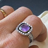 faceted amethyst cushion ring in sterling silver.  raw and organically shaped. size 9. drake designs jewelry