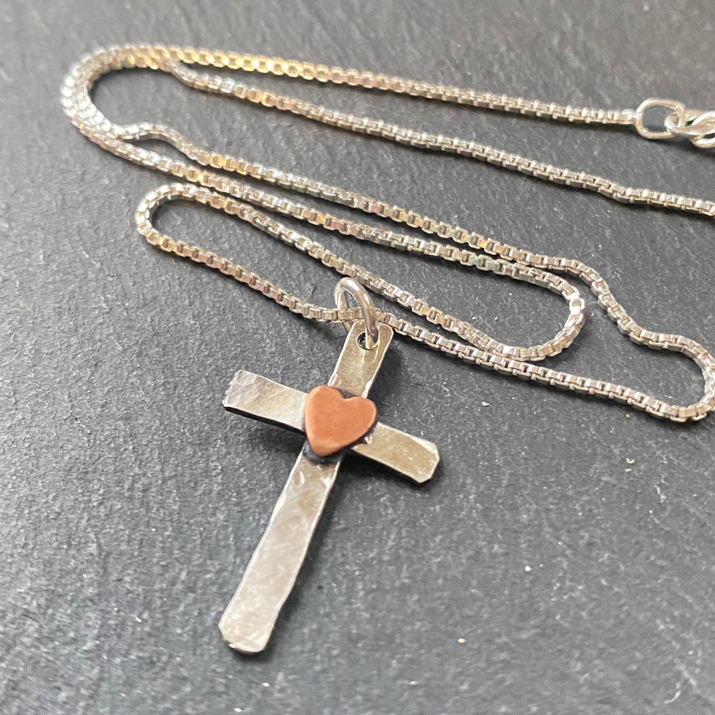 rustic hammered cross necklace with copper heart - drake designs jewelry