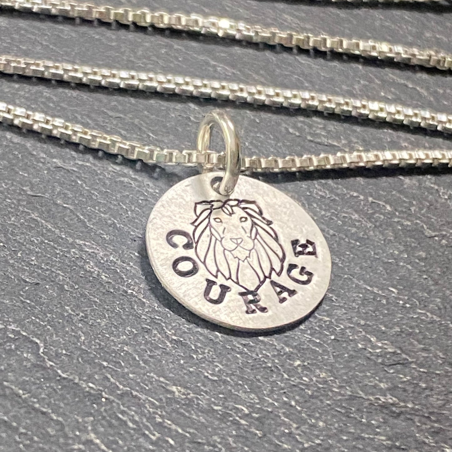 Sterling silver courage necklace with hand stamped Lion. Drake Designs Jewelry