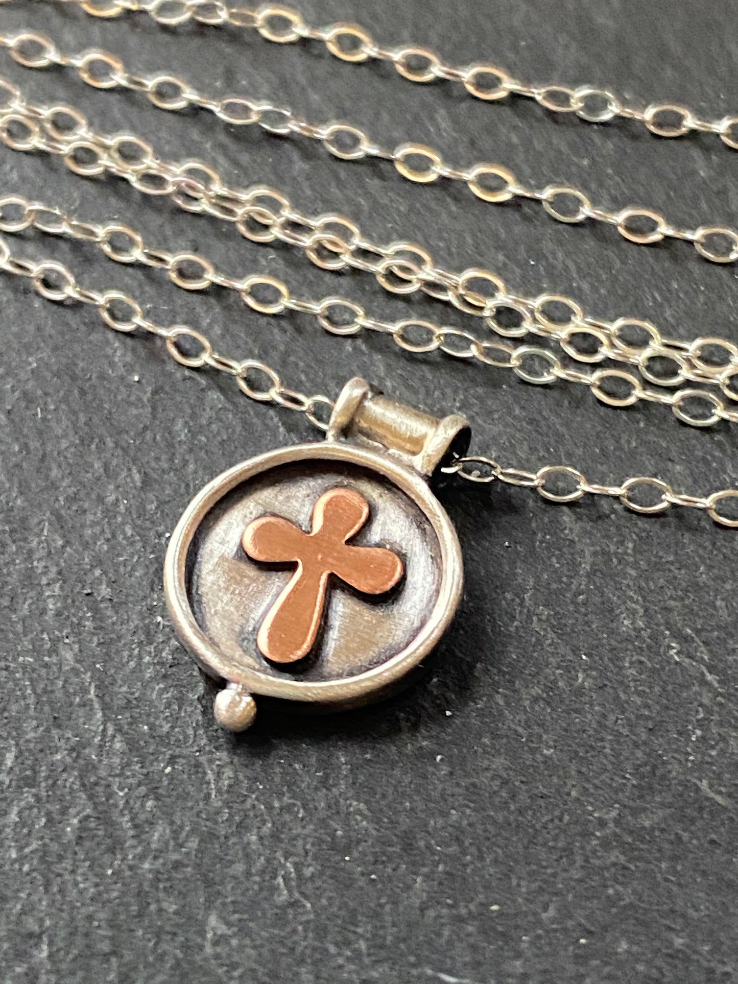 sterling silver cross necklace with raised border and copper cross - drake designs jewelry