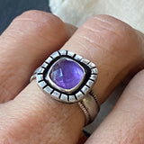 faceted amethyst cushion ring in sterling silver.  raw and organically shaped. size 7. drake designs jewelry