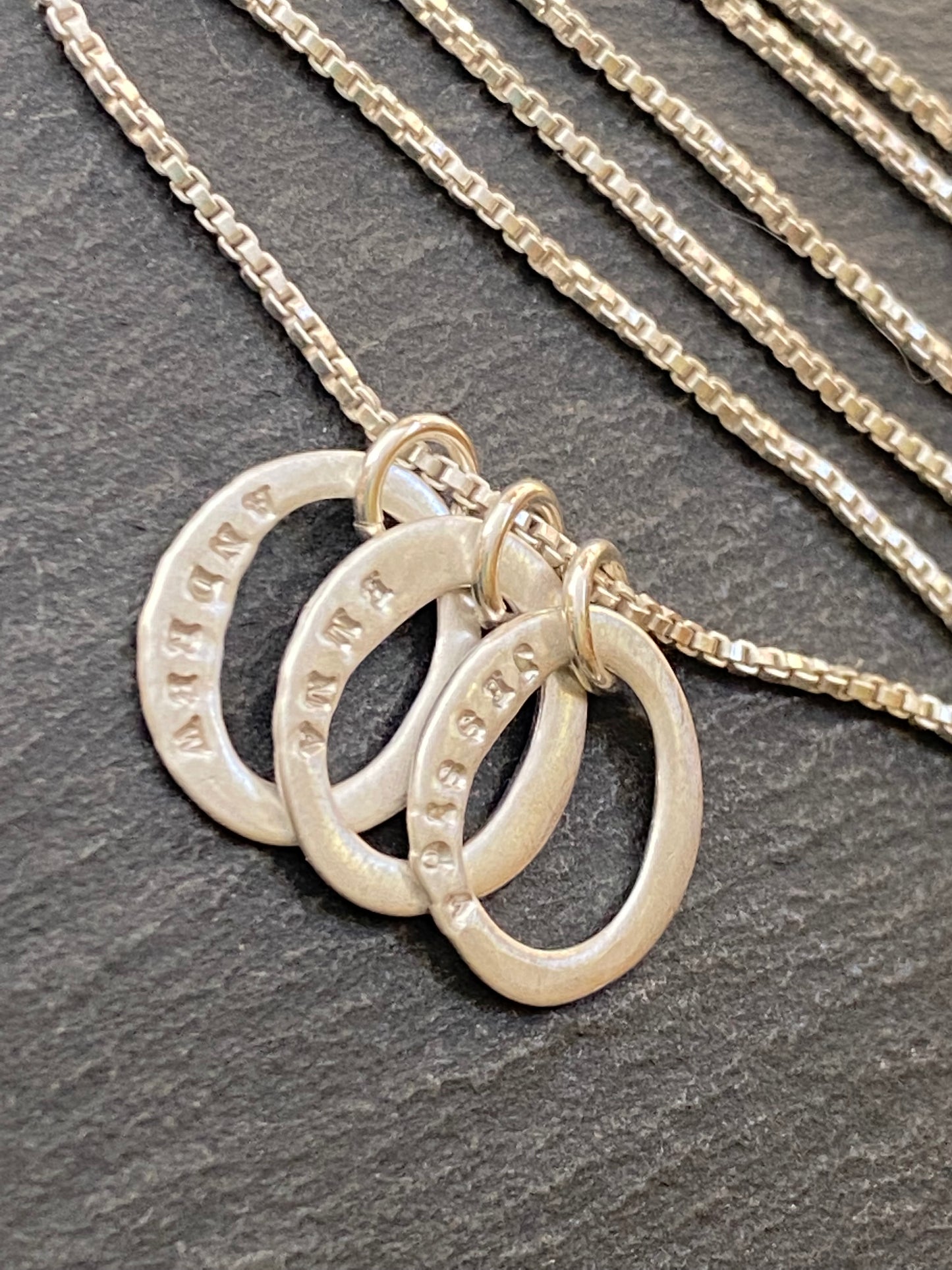 sterling silver mom necklace with kids names on tiny oval charms - drake designs jewelry