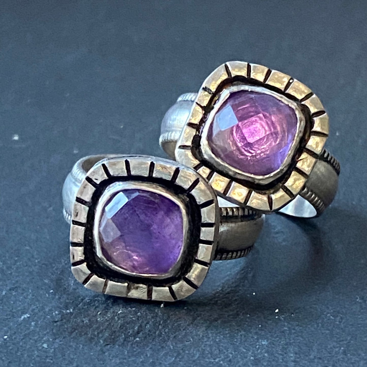 faceted amethyst cushion ring in sterling silver. raw and organically shaped. drake designs jewelry