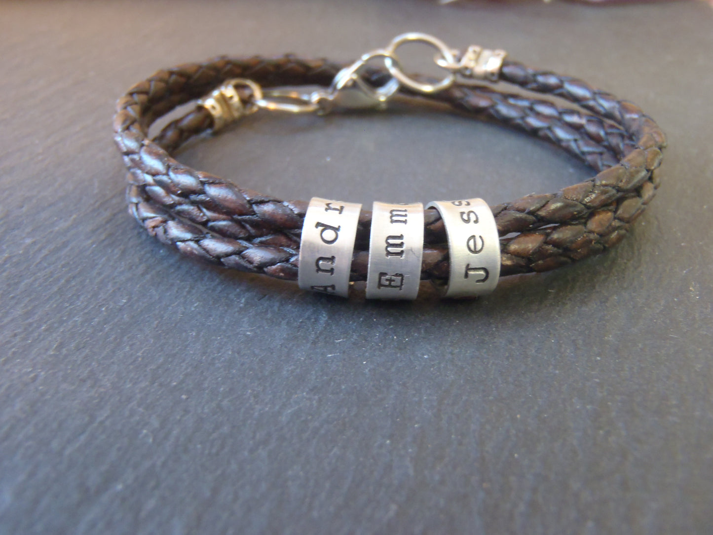 Custom Triple wrapped braided leather bracelet with personalized sterling silver name charms - Drake Designs Jewelry