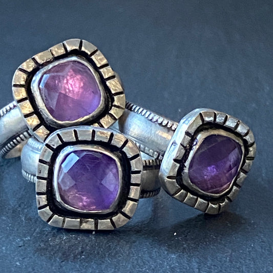 faceted amethyst cushion ring in sterling silver. raw and organically shaped. size 7, size 8, size 9. drake designs jewelry