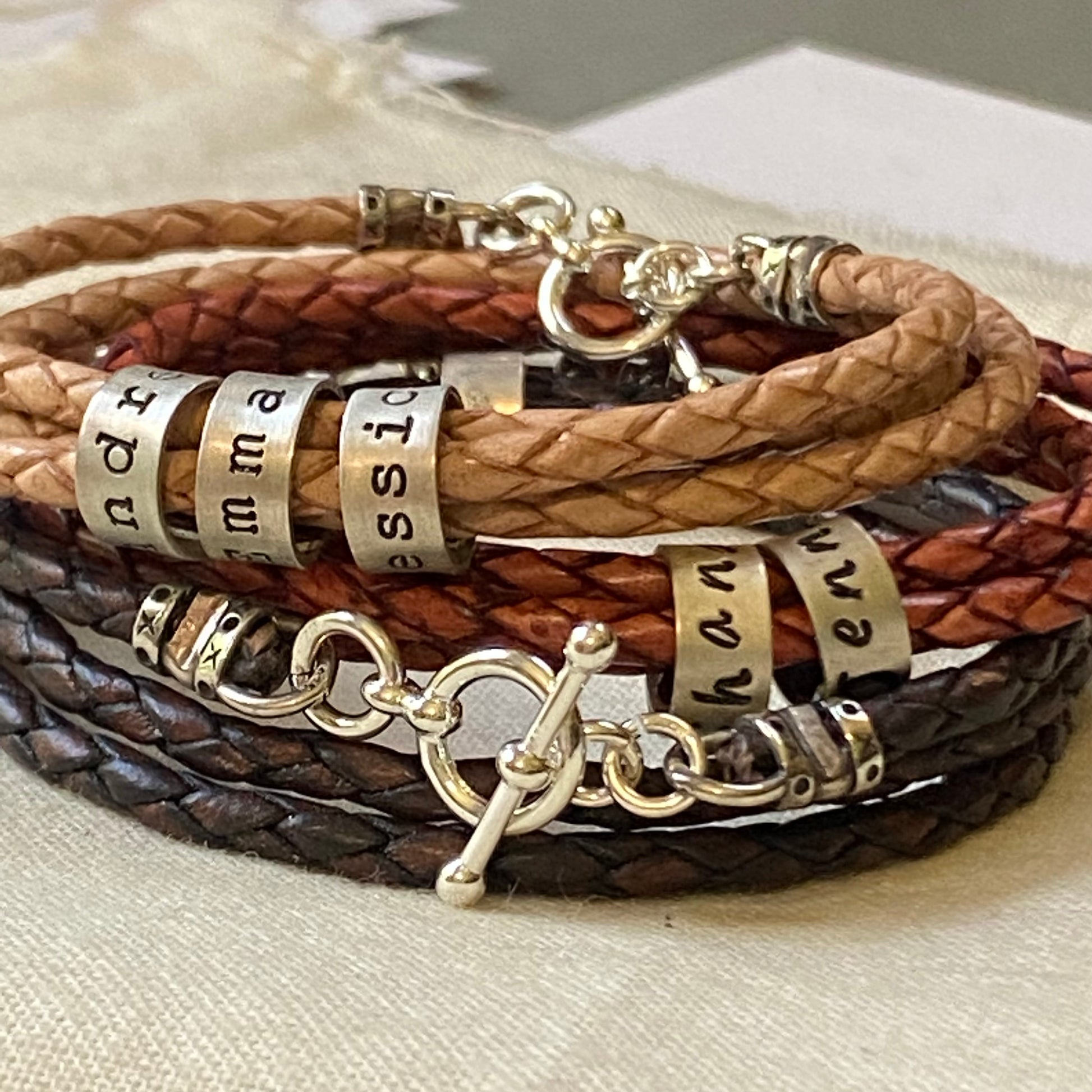triple wrapped leather bracelet with sterling silver name charms and sterling silver toggle clasp. personalized bracelet with kids names - drake designs jewelry