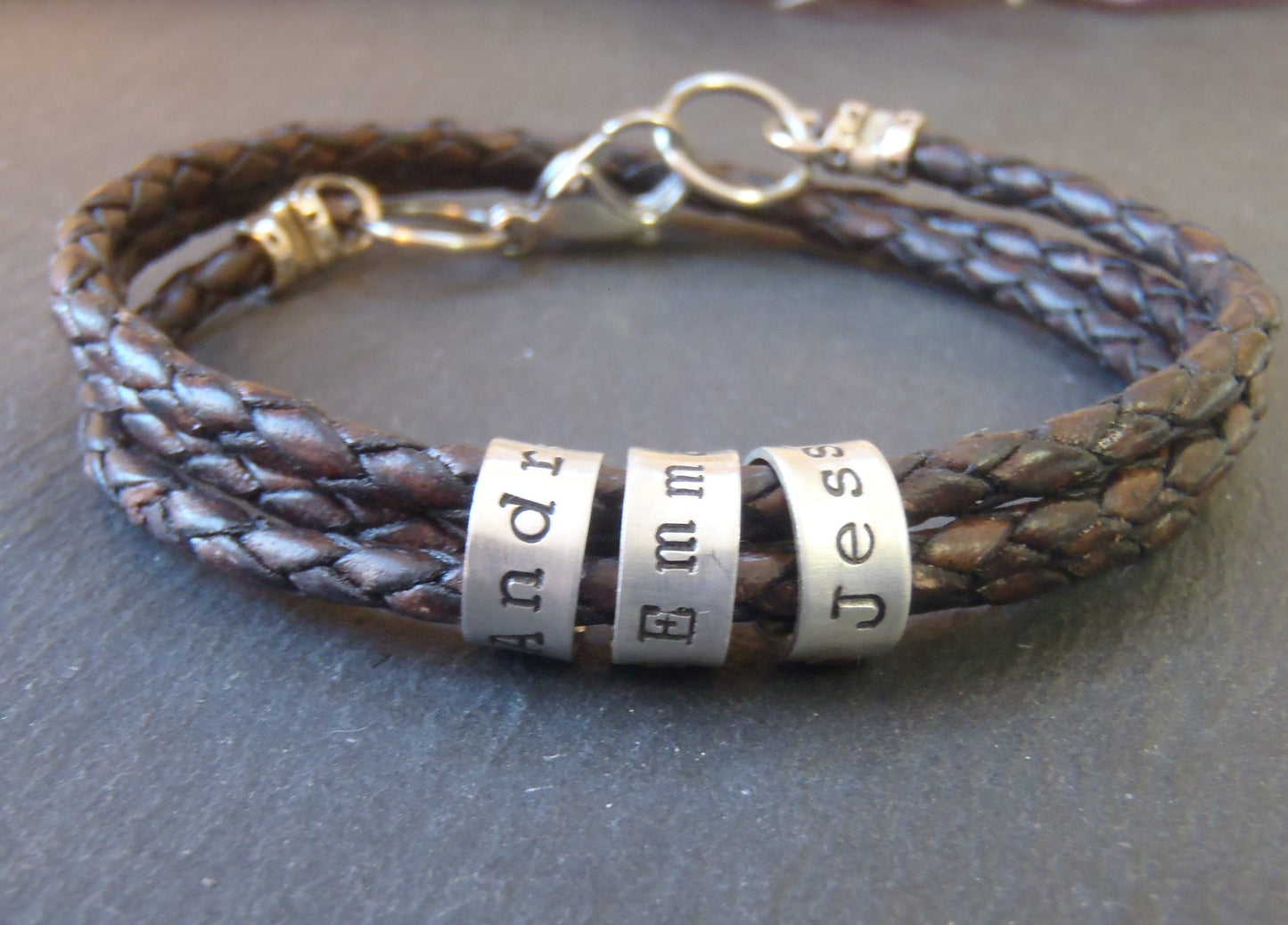 Custom Triple wrapped braided leather bracelet with personalized sterling silver name charms - Drake Designs Jewelry