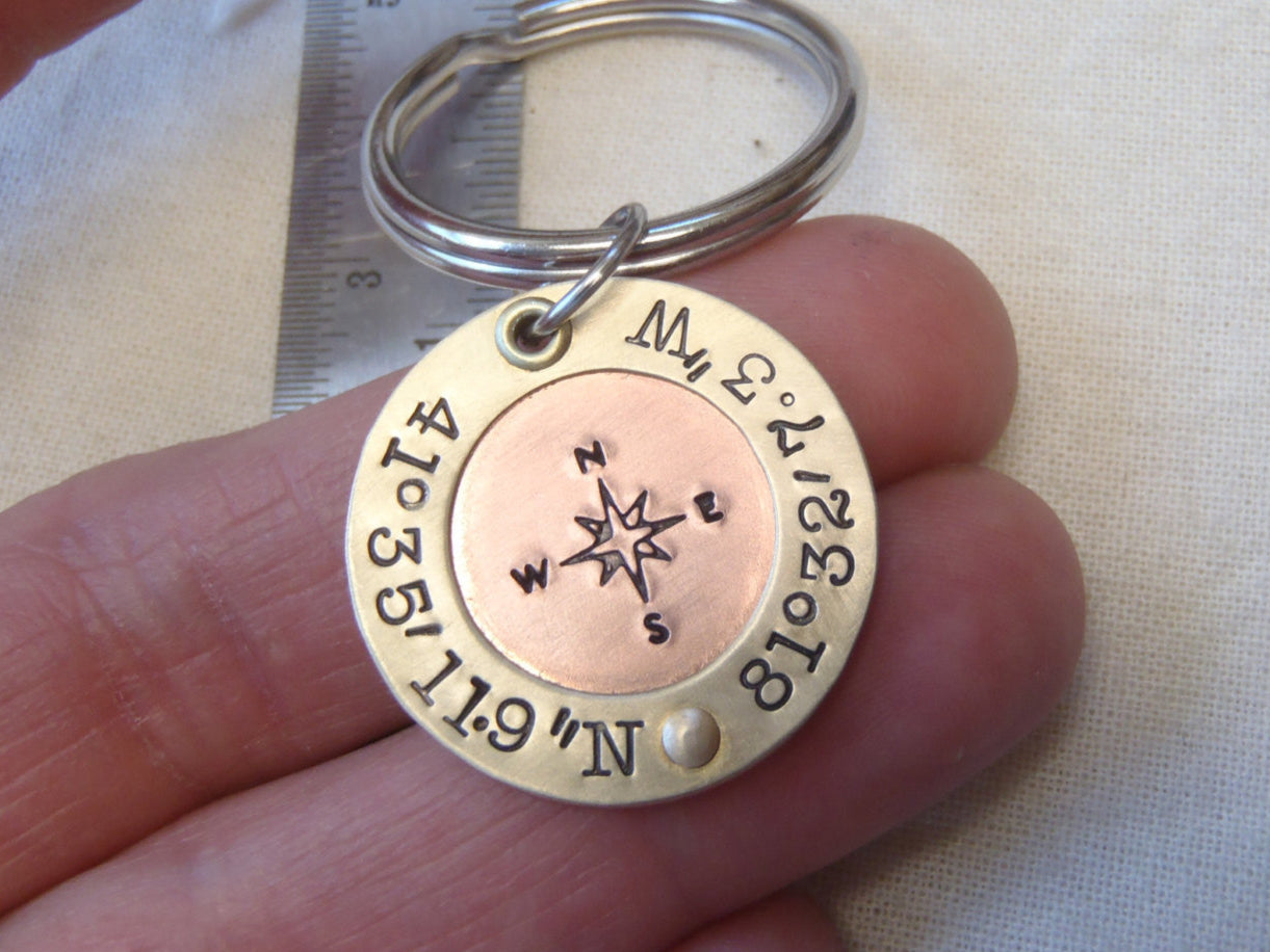 mixed metal - copper and golden brass personalized custom coordinates Latitude longitude compass keychain - Drake Designs Jewelry